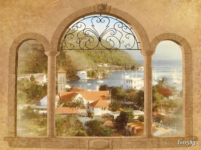 фреска Вид из окна на городок у моря